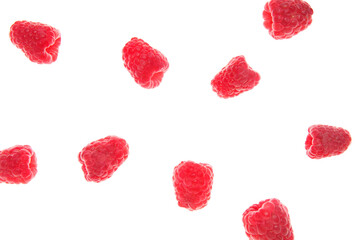 Flying fresh raspberry on white background, closeup