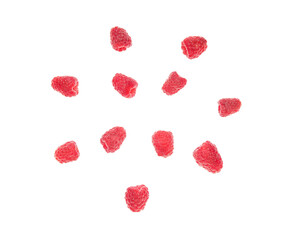 Flying fresh raspberry on white background