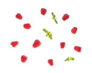Flying fresh raspberry and mint on white background