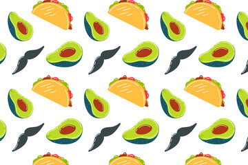 Mexican food, background with Mexican motifs, traditions and Mexican food. Mexican pattern, seamless avocado pattern, tacos and mustache.