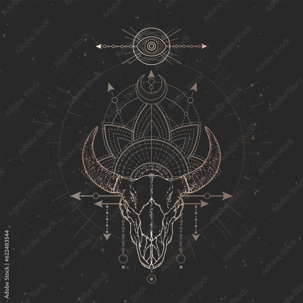 Wall mural Vector illustration with hand drawn Bull skull and Sacred geometric symbol on black vintage background. Abstract mystic sign. Gold linear shape. 