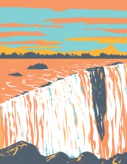 Foto op Aluminium WPA poster art of the Victoria Falls of the Zambezi River, border between Zambia and Zimbabwe in southern Africa done in works project administration or Art Deco style. © patrimonio designs