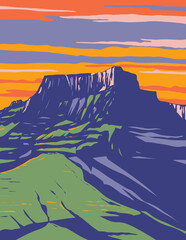 WPA poster art of the Drakensberg or Dragon Mountains within the border region of South Africa and Lesotho in southern Africa done in works project administration or Art Deco style. - 622483932
