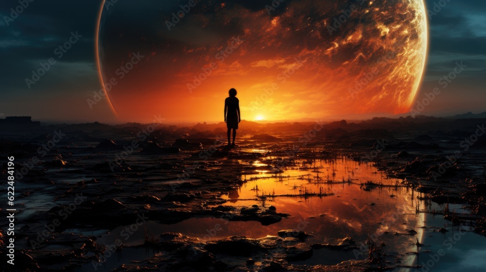 Wall mural a person standing in front of a giant planet. generative ai image.