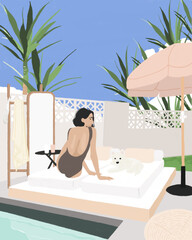 A woman in swimwear relaxing with a dog in a pool villa - a concept illustration of summer vacation
