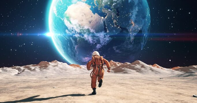 Young Male Astronaut In Space Suit Running On Alien Planet. Planet Earth Is Visible. Space Related Majestic Scene.