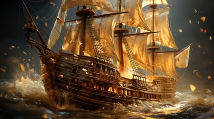A pirate ship in the middle of the ocean. Generative AI image.
