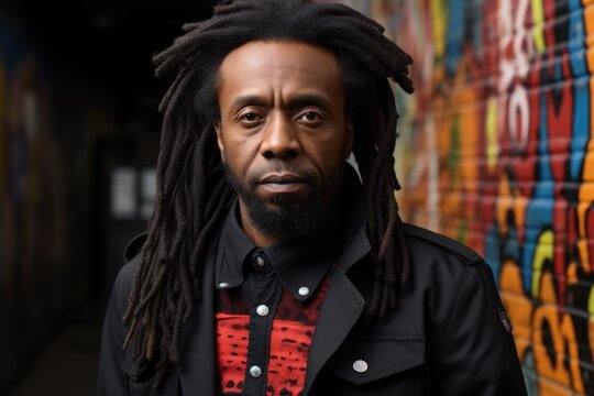 A man with dreadlocks standing in front of a graffiti wall. Generative AI image.