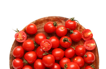 Wooden board with fresh cherry tomatoes on white background
