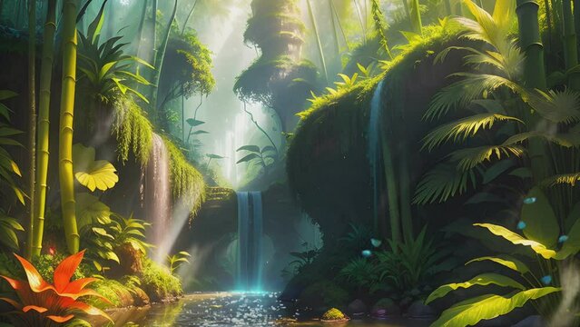 beautiful view of tropical green forest and waterfall. Cartoon or anime watercolor painting illustration style. seamless looping 4K time-lapse virtual video animation background.