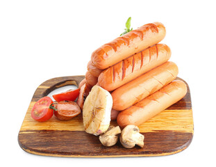Wooden board with tasty grilled sausages isolated on white background