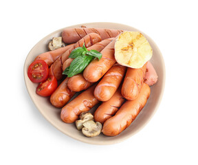 Plate with tasty grilled sausages isolated on white background