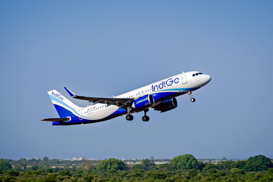 Nagpur, Maharashtra, India-June 12th, 2023: Indigo flight takes off from with clear blue sky background.