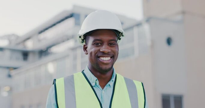 Construction, face and happy black man in city for building project, site maintenance or civil engineering. Portrait, architecture and male contractor smile for urban property development with helmet