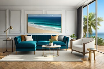 Modern living room. Coastal living room interior, wall mockup, 3d render.