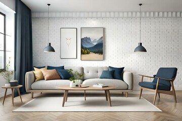Scandinavian farmhouse living room interior, wall mockup, 3d render. Modern living room.