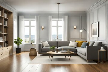 Modern living room. Scandinavian farmhouse living room interior, wall mockup, 3d render.