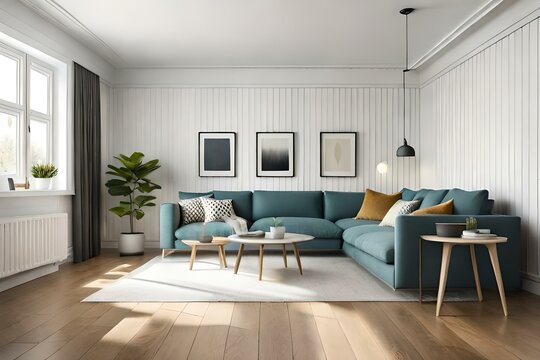 Scandinavian farmhouse living room interior, wall mockup, 3d render.