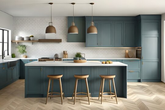 Wall mockup on kitchen interior background, Farmhouse style, 3d render.