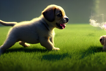 A baby puppy playing in the grass. Generative AI