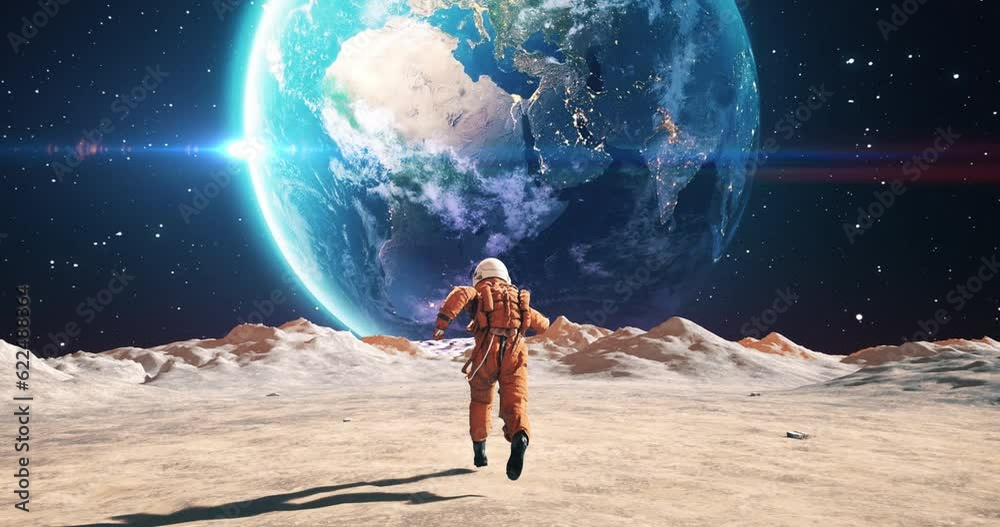 Wall mural young male astronaut in space suit running on alien planet. planet earth is visible. space related s
