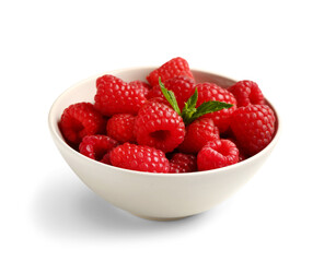 Bowl with fresh raspberries and mint on white background