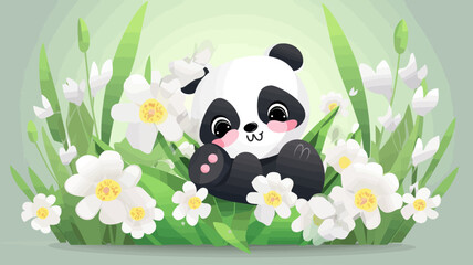Vector illustration of cute panda and flower field.