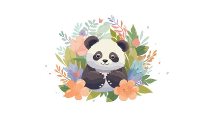 Vector illustration of cute panda and flower field.