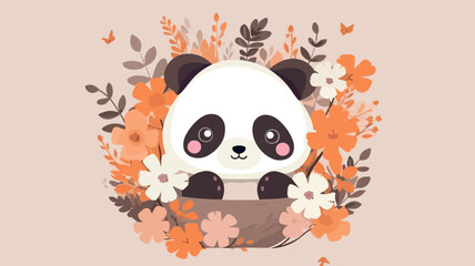 Vector illustration of cute panda and flower field.