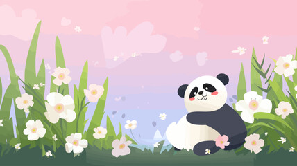 Fototapeta premium Vector illustration of cute panda and flower field.