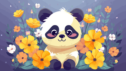 Fototapeta premium Vector illustration of cute panda and flower field.