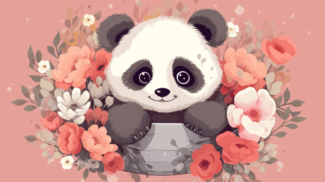 Vector illustration of cute panda and flower field.
