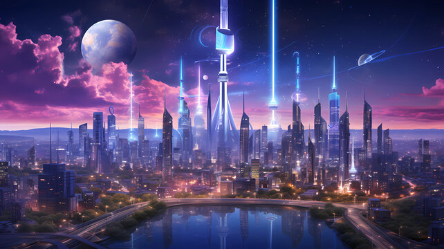 AI Generated landscape of a color photo of a futuristic city with towering skyscrapers and flying cars, all powered by magical crystals that emit a brilliant glow, the environment is bustling and full