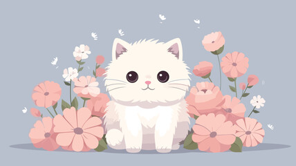 Vector illustration of cute cat and flower field.