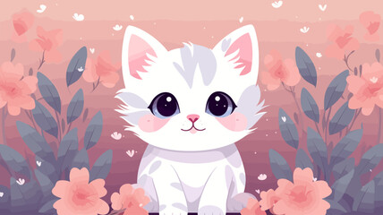 Fototapeta premium Vector illustration of cute cat and flower field.