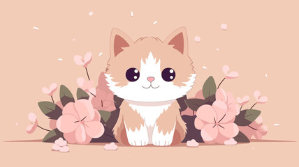 Vector illustration of cute cat and flower field.