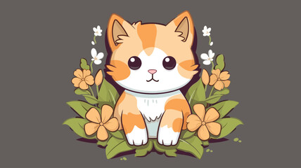 Vector illustration of cute cat and flower field.