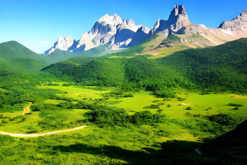 Fototapeta premium High and towering mountains symbolize the majesty and sublimity of nature. Picturesque landscapes and clear air provide a fascinating experience for hikers. Generative AI.