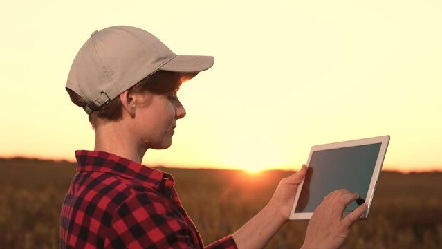 Agriculture industry evolved advent digital technology. man own smart farm can now monitor crops tablet watching sunset. concept ecoculture becoming more popular farmers engaged sustainable eco