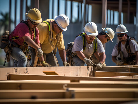 Hispanic workforce working on construction of a building. Mature Latino men wear helmets, gloves and protective vests.