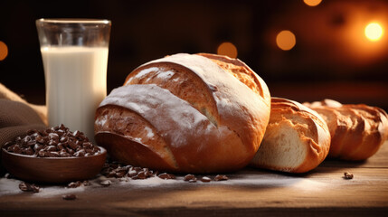 fresh bread with a glass with milk. breakfast concept. Generative AI