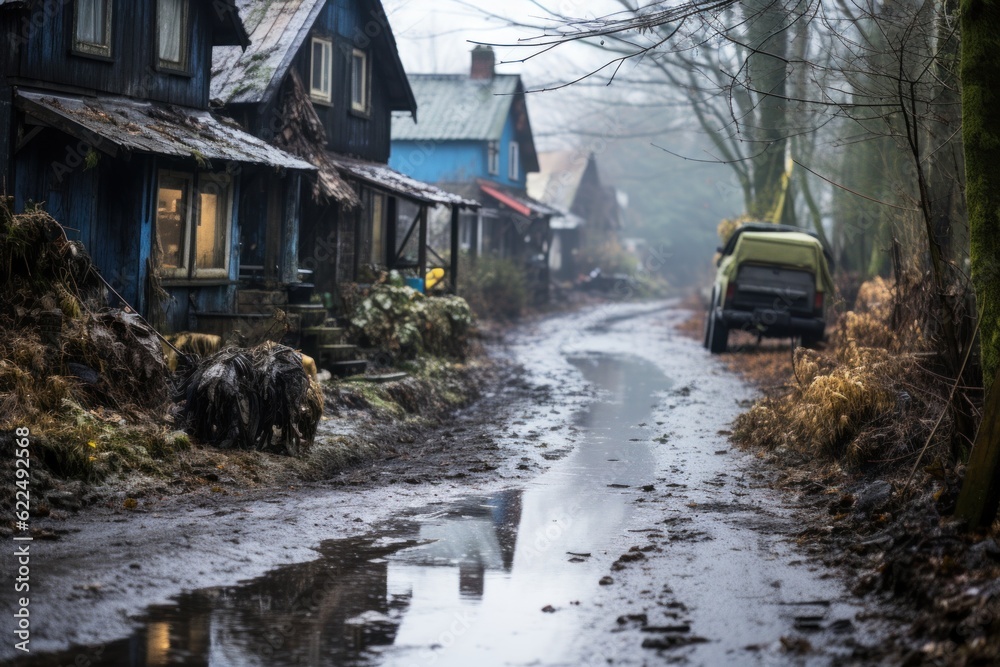 Sticker A muddy road with a truck parked on the side of it. Generative AI image.