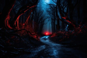 Fototapeta premium Dark forest road at night with fog and light. Halloween concept.