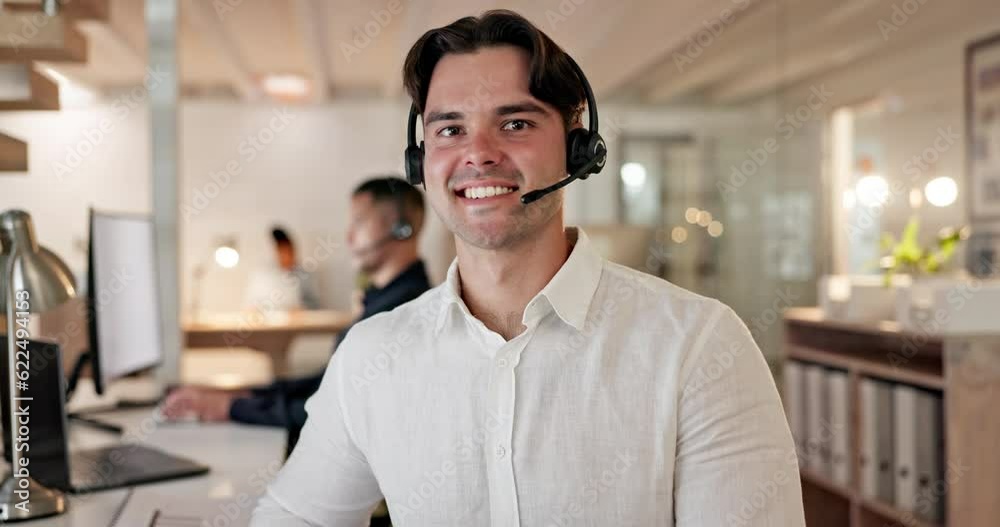 Aufkleber call center, face and computer with a consultant man in the office for assistance. portrait, contact