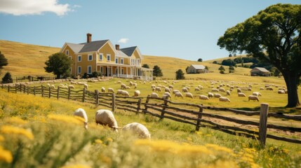 Fototapeta na wymiar A herd of sheep grazing on a lush green field. Generative AI image.