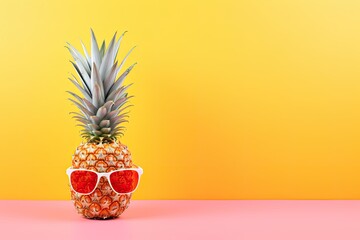 Funny pineapple with sunglasses on orange and pink background. Summer concept.