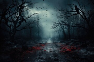 Fototapeta premium Scary halloween background with a path in the dark forest