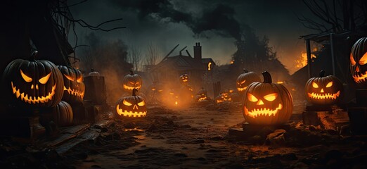Fototapeta na wymiar Halloween pumpkins in the forest at night. 3D rendering