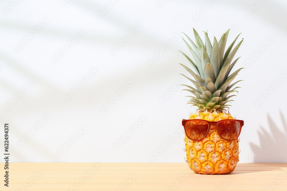 Wall mural Pineapple with sunglasses on the wooden table and white wall background