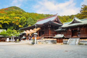 Fukuoka, Japan - Nov 21 2022: Miyajidake Shrine is primarily dedicated to Empress Jingu, home to five-ton sacred straw rope and attracts over 2 million worshippers a year